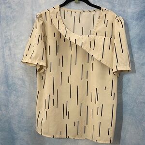 😍Best Price😍 Lightweight Cream Blouse Black Lines & Asymmetrical Swoop Neckline